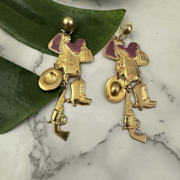 Unbranded Jewelry - Vintage 90s Western Cowgirl Earrings Gold Tone Saddle Boots Hat Novelty Country